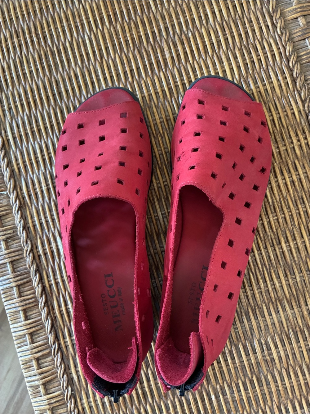 Sesto Meucci Red Perforated Suede open-toed shoes. Zipper in back at heel